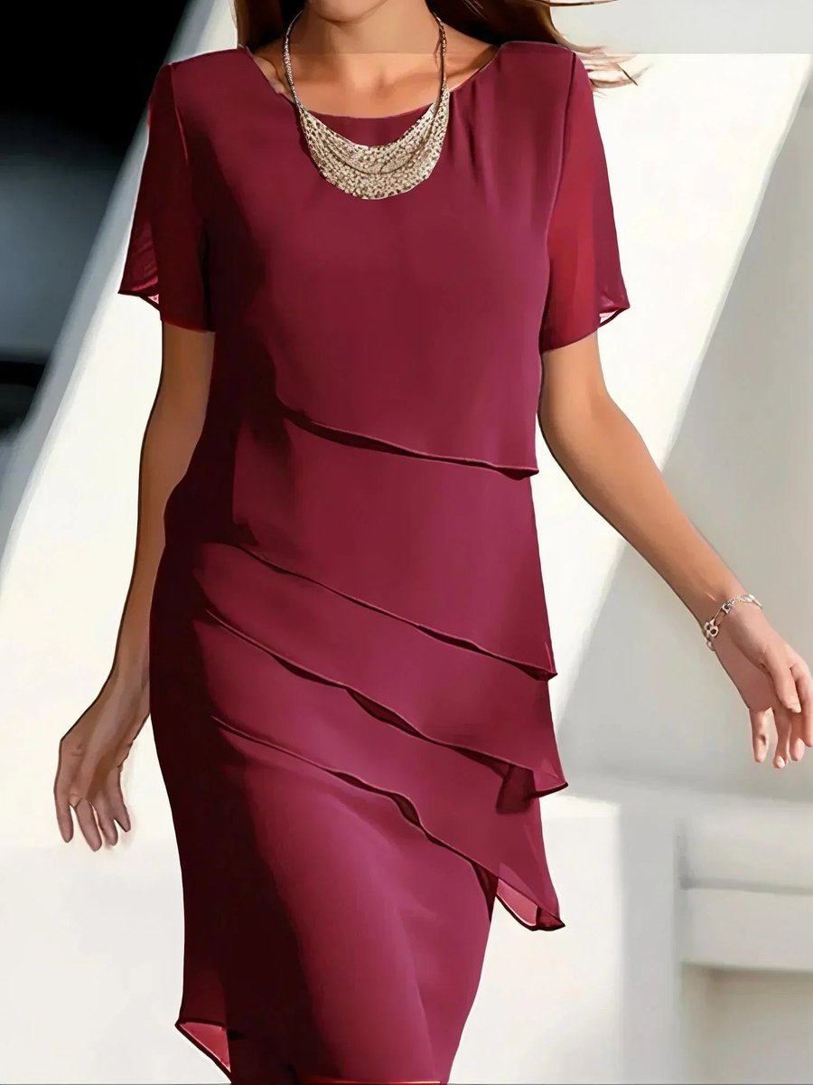 Women's Tiered Chiffon Cocktail Dress Round Neck Short Sleeve - Red