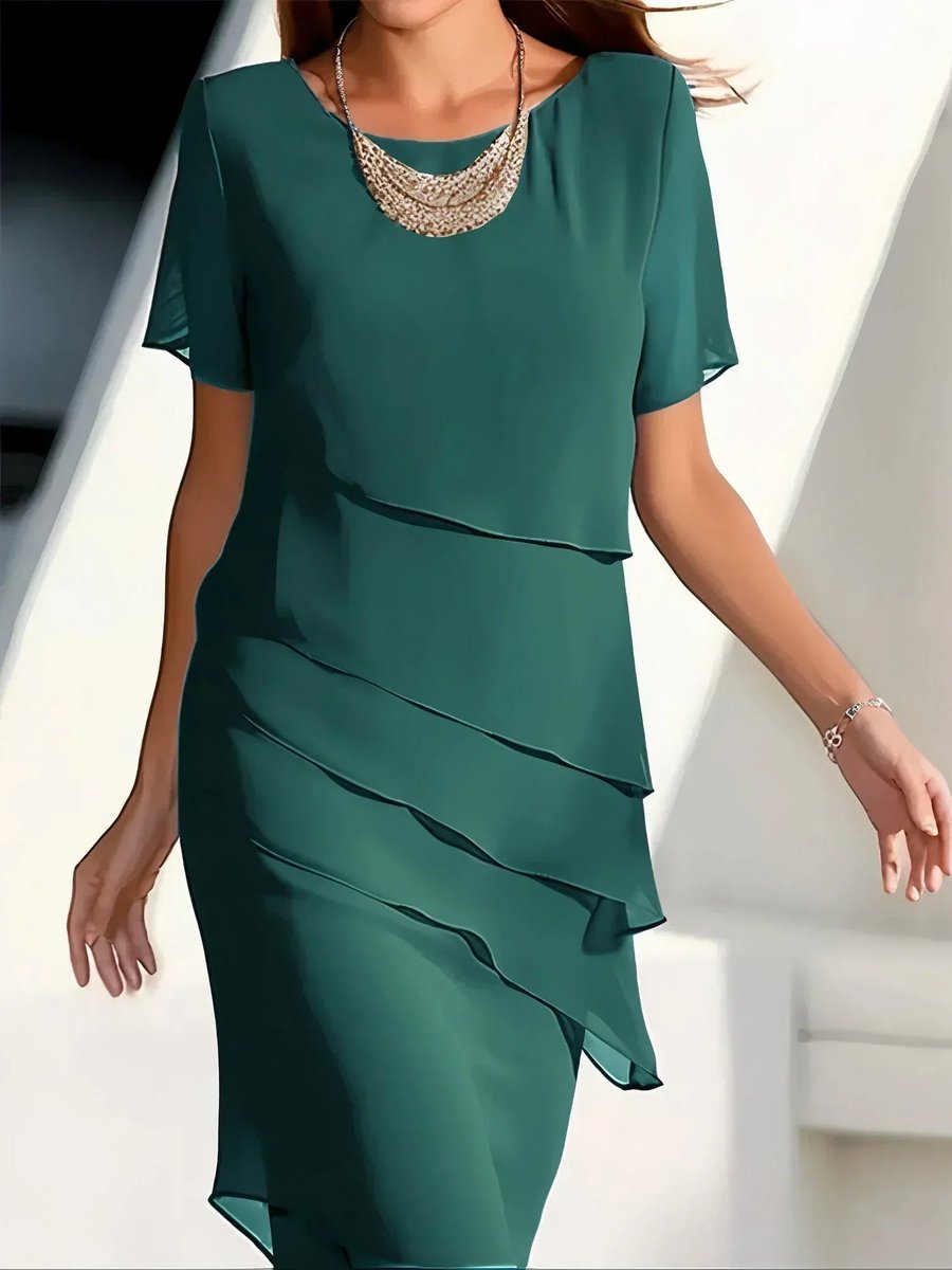 Women's Tiered Chiffon Cocktail Dress Round Neck Short Sleeve - Green