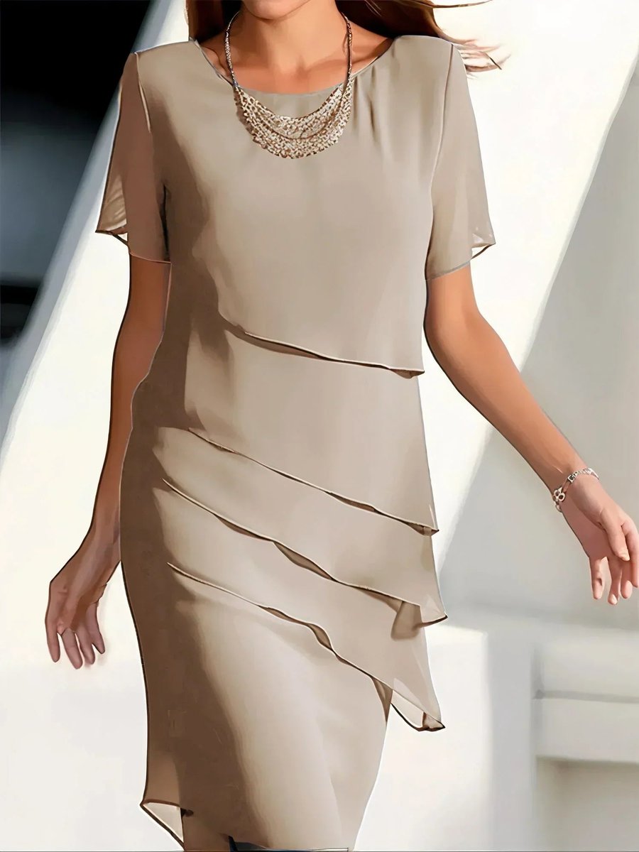 Women's Tiered Chiffon Cocktail Dress Round Neck Short Sleeve - Beige
