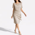 Women's Tiered Chiffon Fall Wedding Guest Dress Short Sleeve Midi - Beige