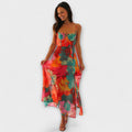 Women's Tropical Floral Bustier Spaghetti-Strap Maxi Dress - Red