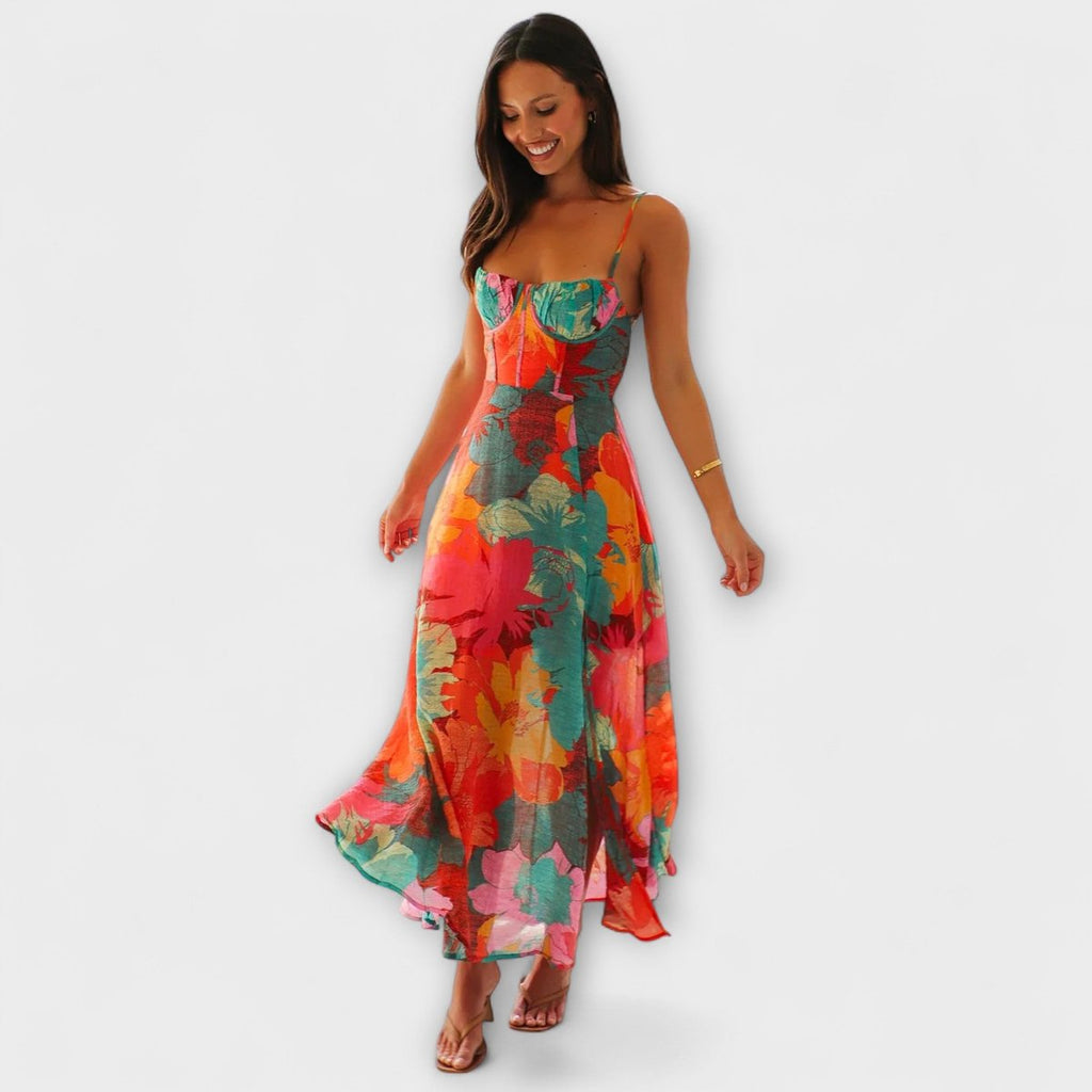 Women's Tropical Floral Bustier Spaghetti-Strap Maxi Dress