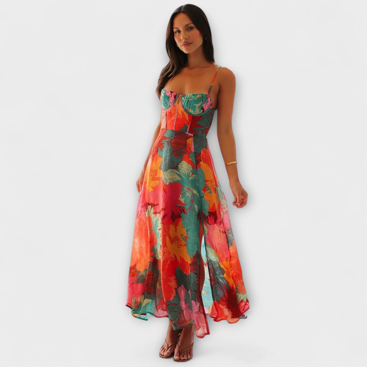 Women's Tropical Floral Bustier Spaghetti-Strap Maxi Dress