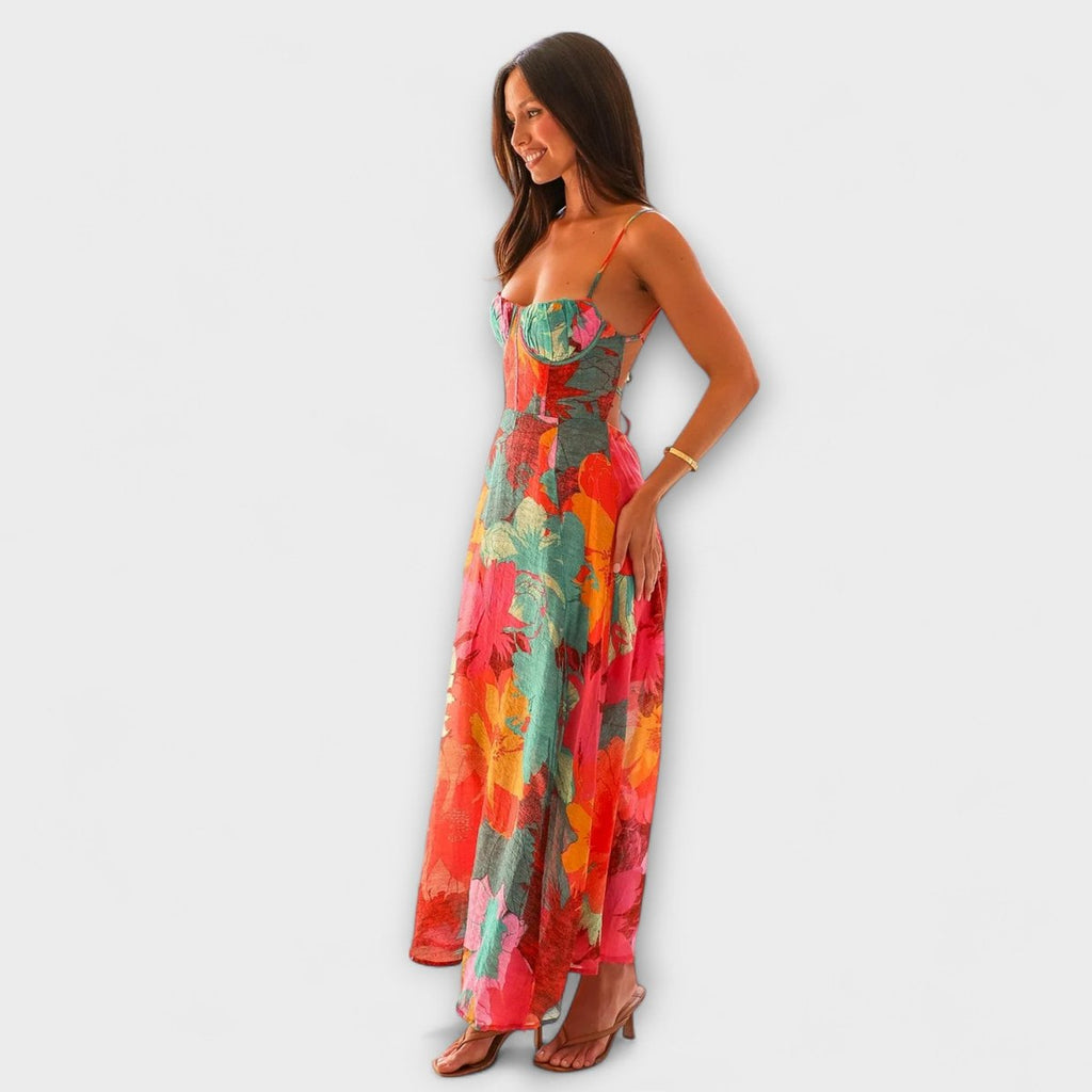 Women's Tropical Floral Bustier Spaghetti-Strap Maxi Dress