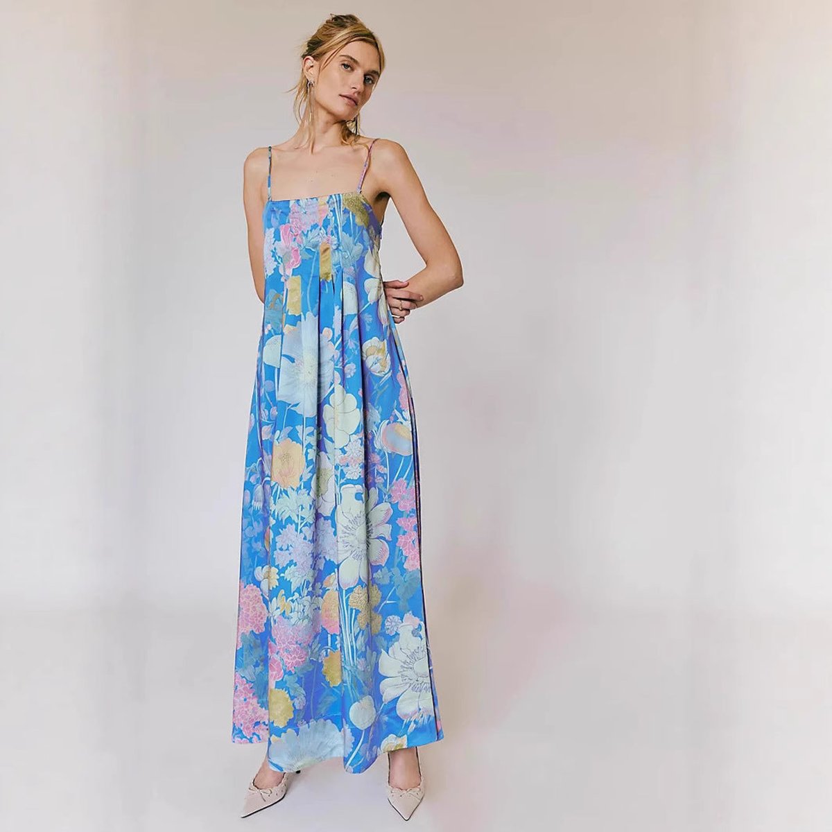 Women's Tropical Floral Bustier Spaghetti-Strap Maxi Dress - Blue