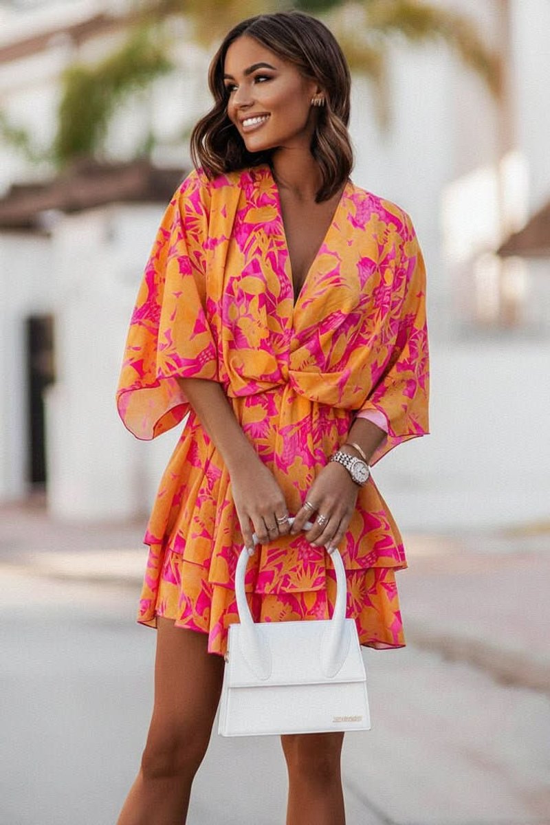 Women's Tropical Print V-Neck Flowy Mini Cocktail Dress - Orange