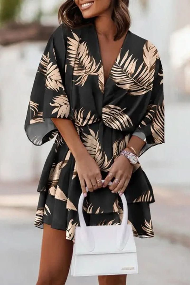 Women's Tropical Print V-Neck Flowy Mini Cocktail Dress - Black