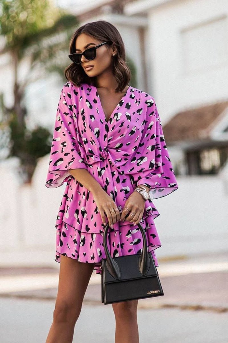 Women's Tropical Print V-Neck Flowy Mini Cocktail Dress - Pink