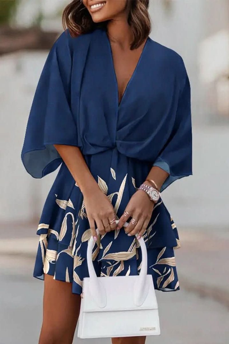 Women's Tropical Print V-Neck Flowy Mini Cocktail Dress - Navy Blue