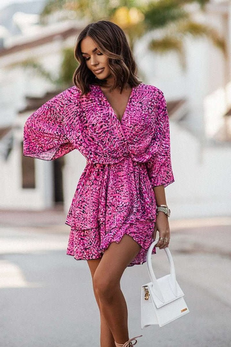 Women's Tropical Print V-Neck Flowy Mini Cocktail Dress - Purple
