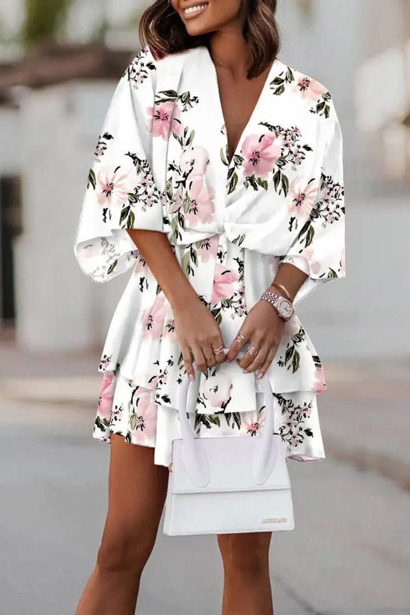 Women's Tropical Print V-Neck Flowy Mini Cocktail Dress - White