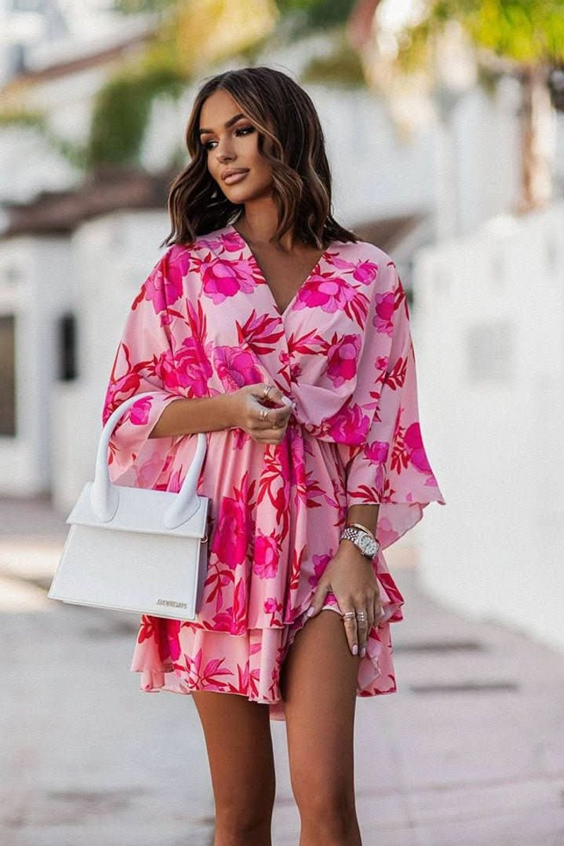 Women's Tropical Print V-Neck Flowy Mini Cocktail Dress - Red