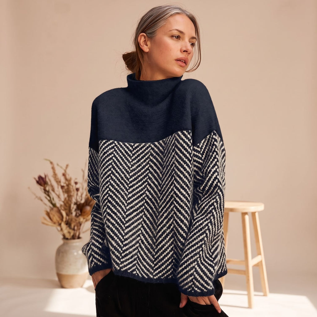 Women's Turtleneck Herringbone Colorblock Knit Sweater - Navy Blue