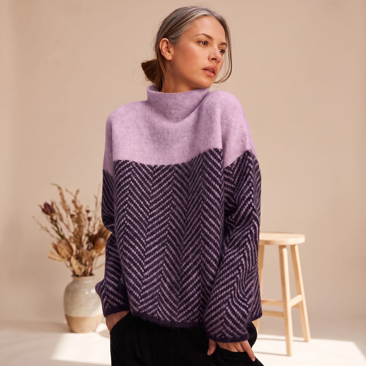 Women's Turtleneck Herringbone Colorblock Knit Sweater - Purple