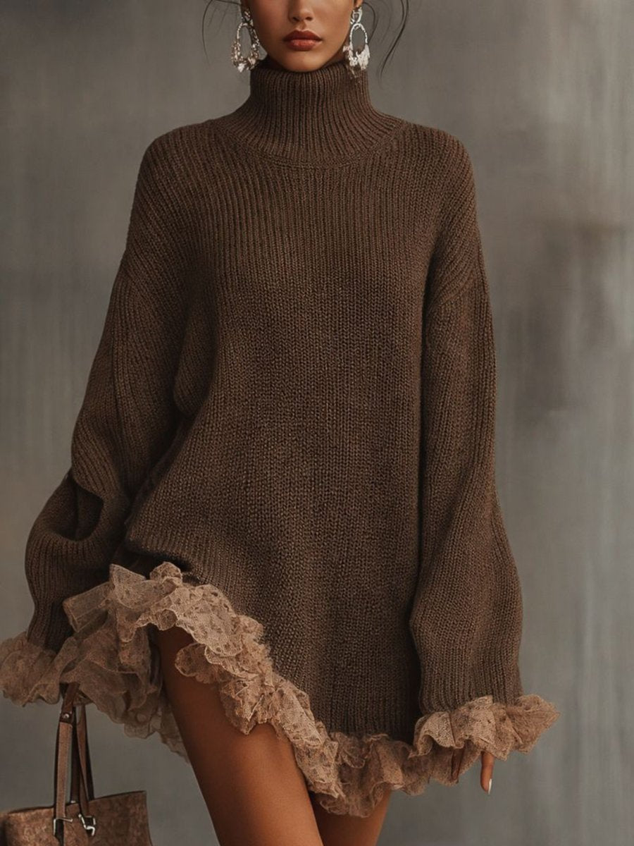 Women's Turtleneck Lace-Hem Knit Formal Dresses Oversized Sweater Dress - Brown