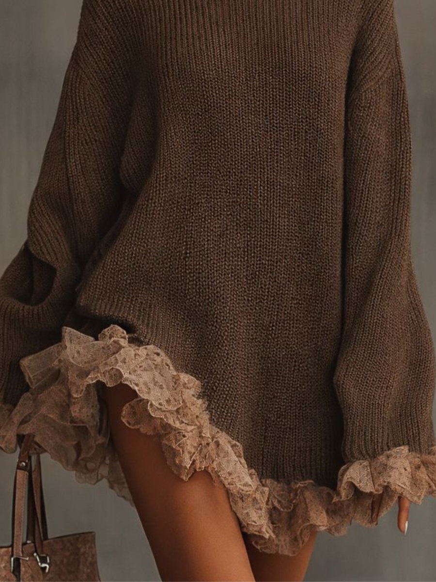 Women's Turtleneck Lace-Hem Knit Formal Dresses Oversized Sweater Dress