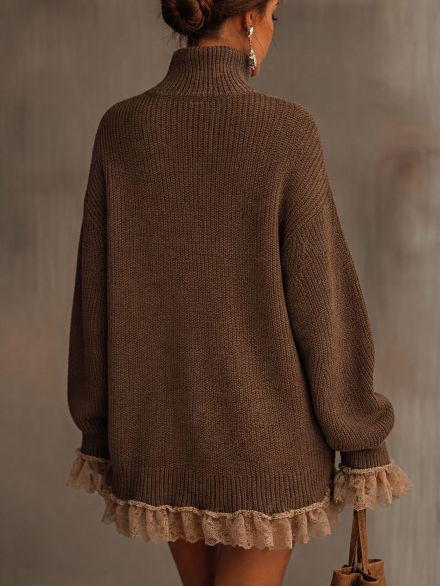 Women's Turtleneck Lace-Hem Knit Formal Dresses Oversized Sweater Dress