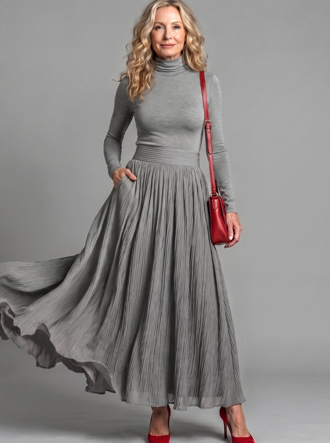 Women's Turtleneck Long-Sleeve Defined-Waist Pleated Maxi Dress - Gray