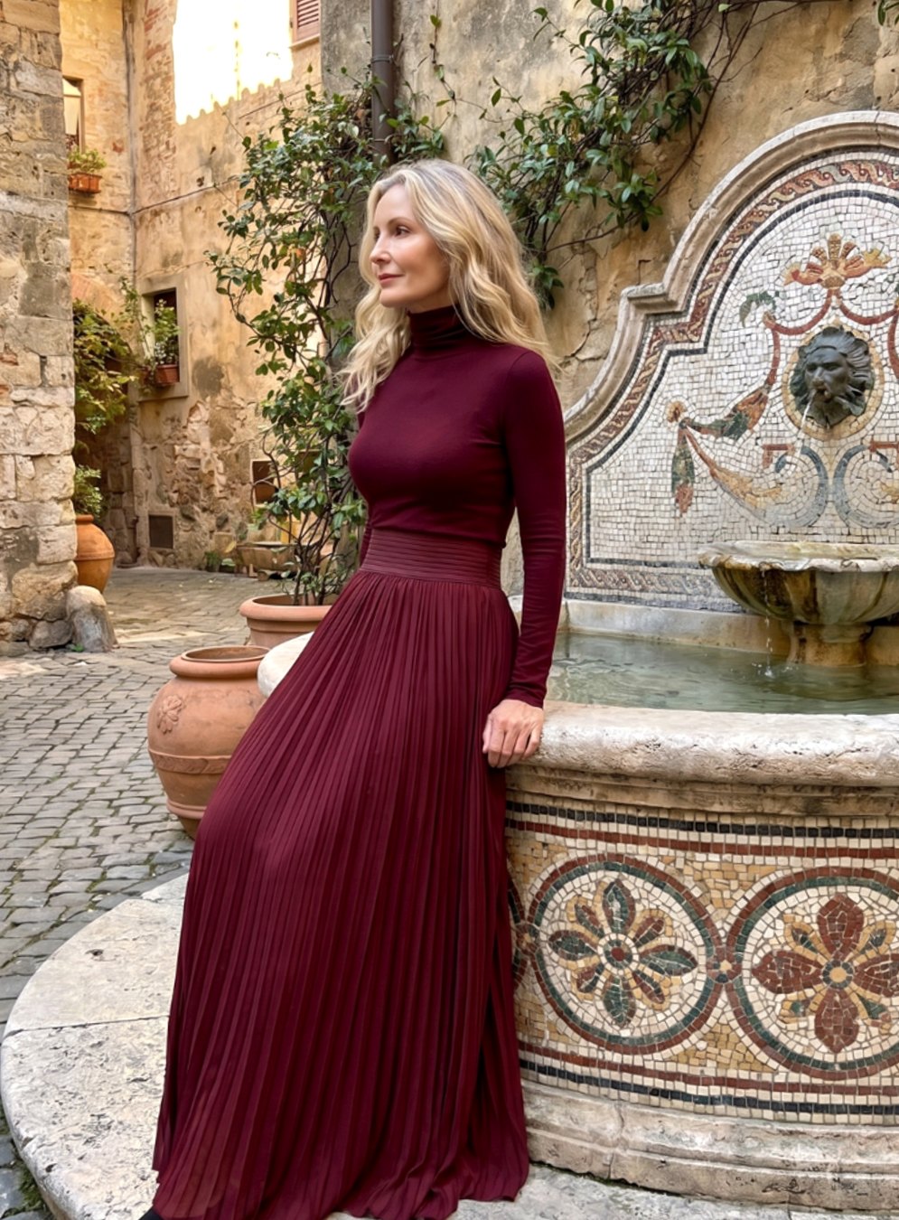 Women's Turtleneck Long-Sleeve Defined-Waist Pleated Maxi Dress