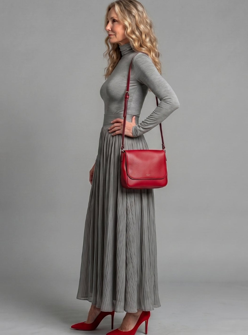 Women's Turtleneck Long-Sleeve Defined-Waist Pleated Maxi Dress