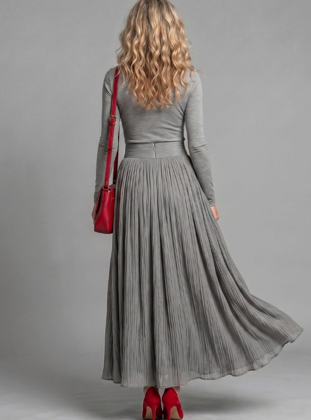Women's Turtleneck Long-Sleeve Defined-Waist Pleated Maxi Dress