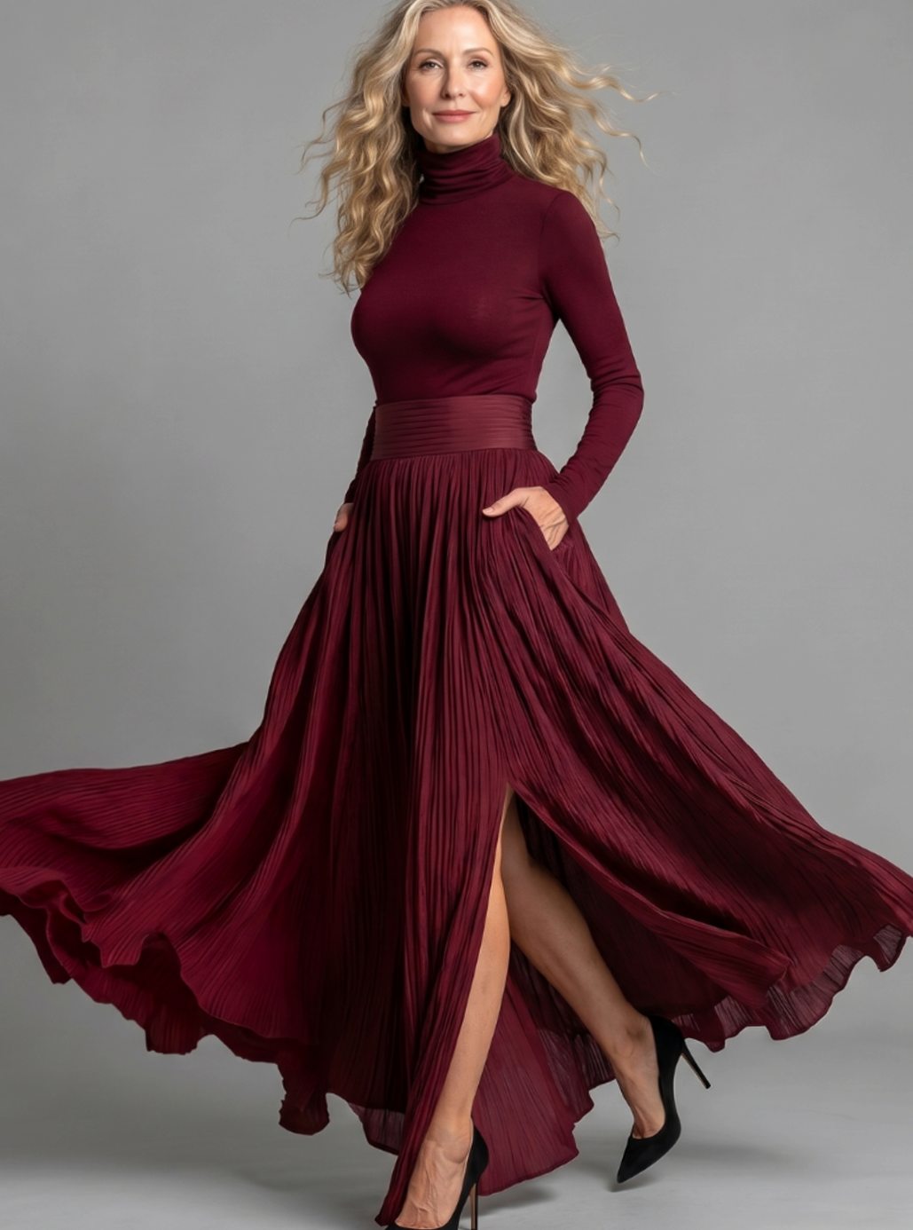 Women's Turtleneck Long-Sleeve Defined-Waist Pleated Maxi Dress - Red