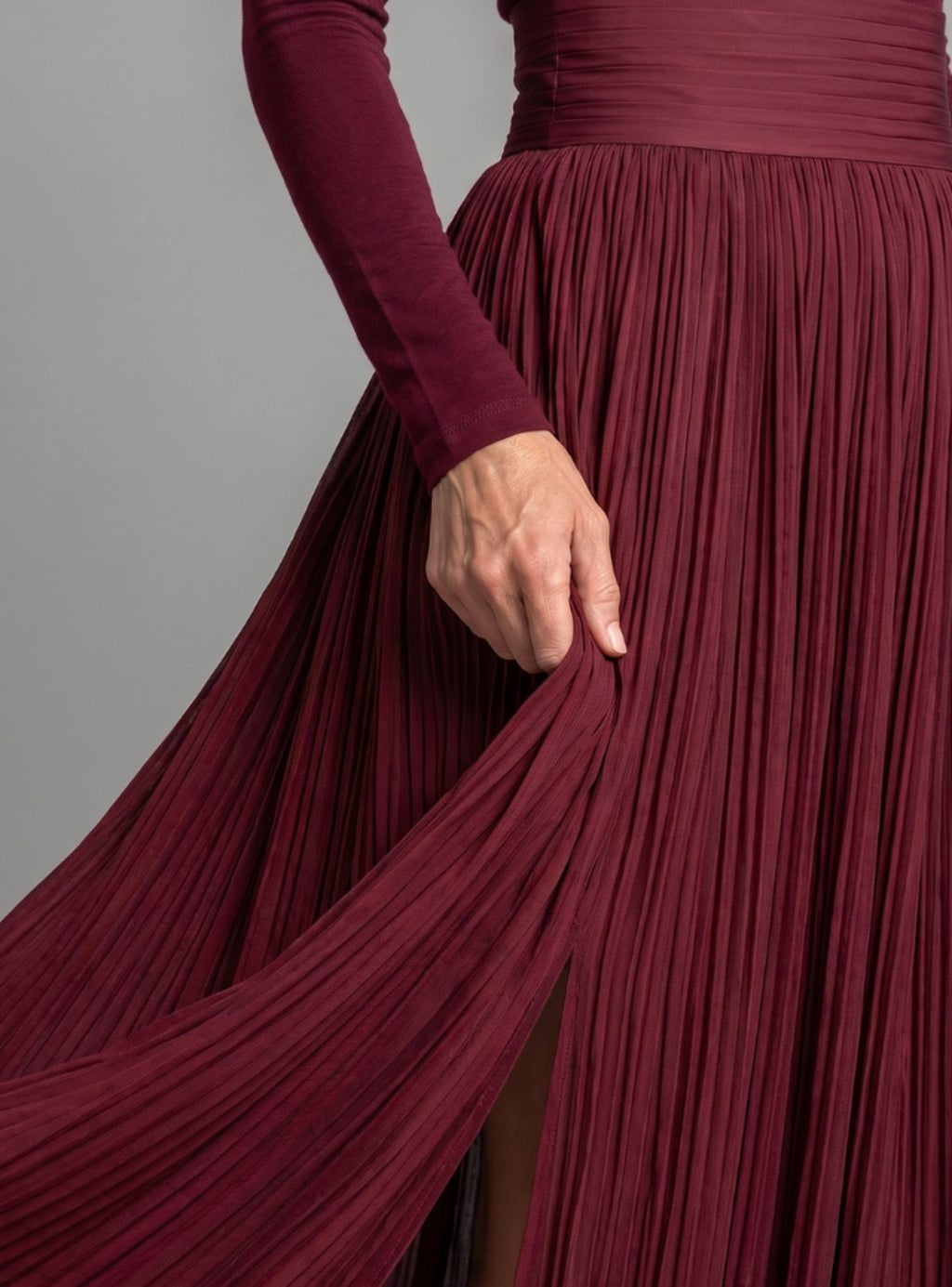 Women's Turtleneck Long-Sleeve Defined-Waist Pleated Maxi Dress