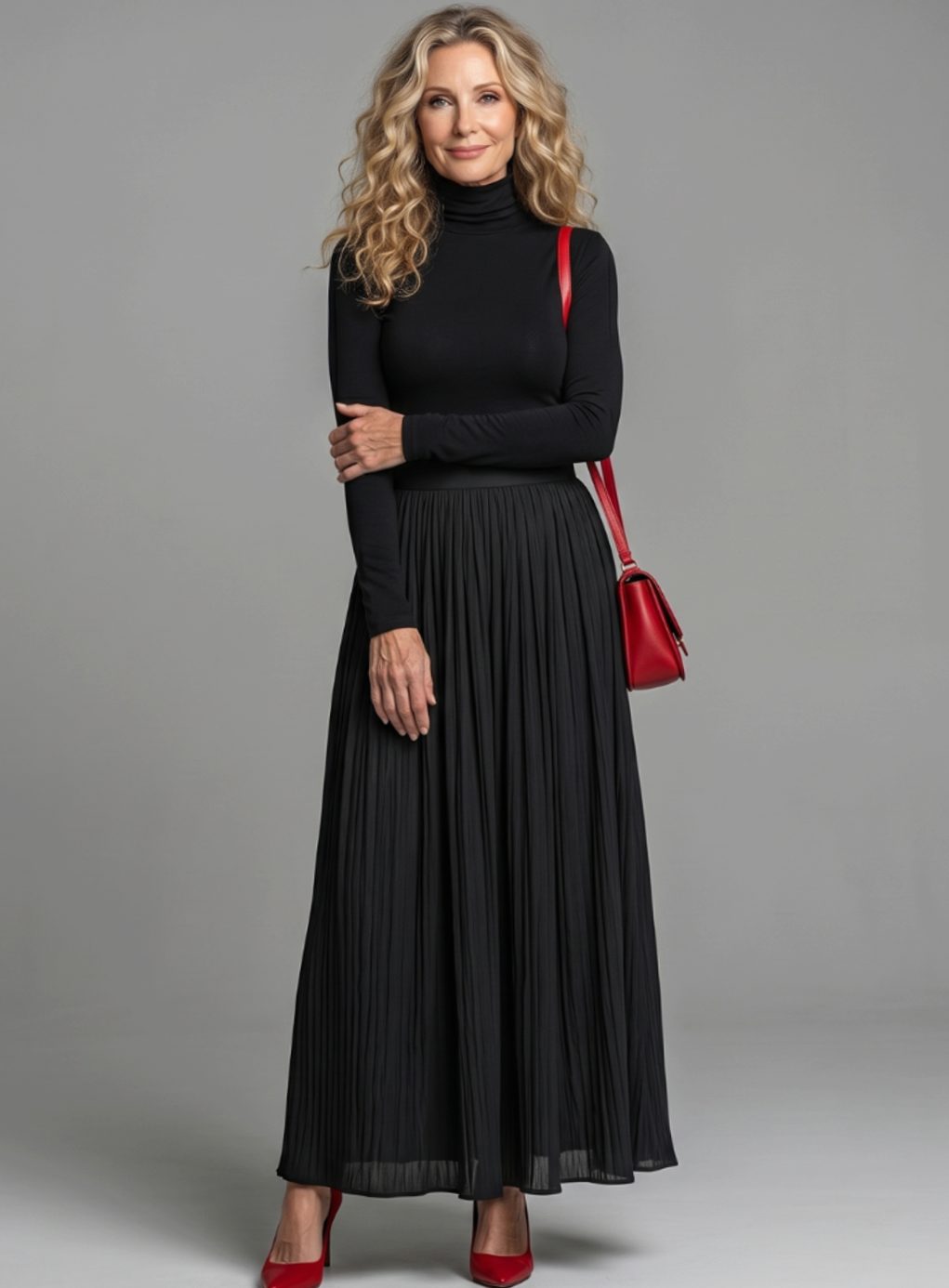 Women's Turtleneck Long-Sleeve Defined-Waist Pleated Maxi Dress - Black
