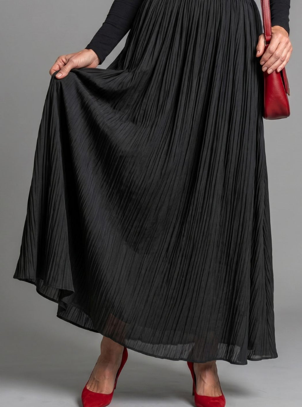Women's Turtleneck Long-Sleeve Defined-Waist Pleated Maxi Dress