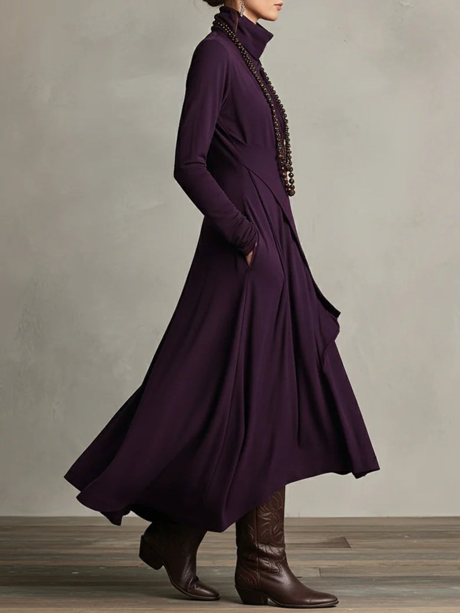 Women's Turtleneck Long Sleeve Dress Asymmetric Hem Maxi