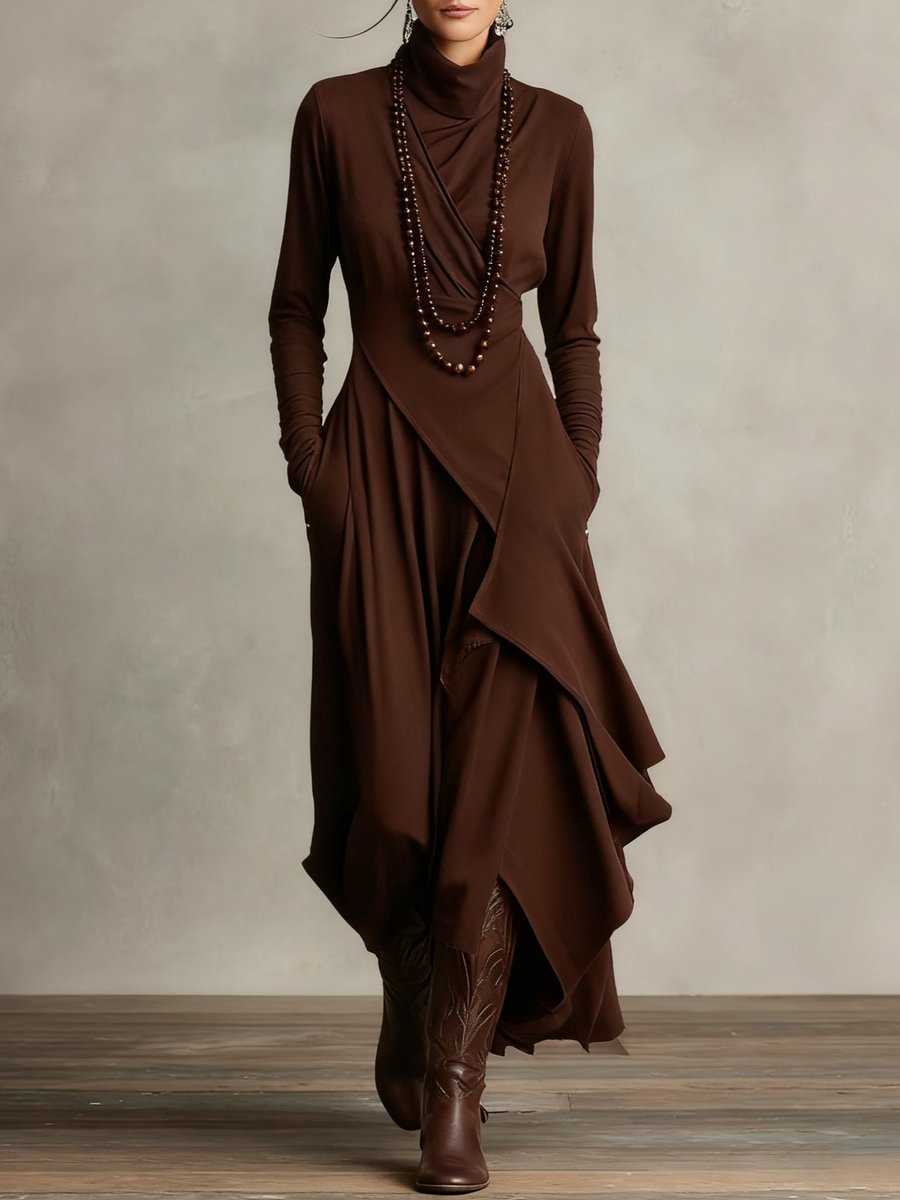 Women's Turtleneck Long Sleeve Dress Asymmetric Hem Maxi - Brown