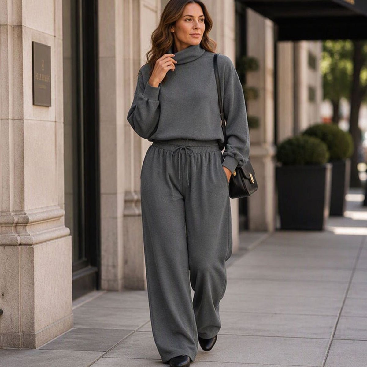 Women's Turtleneck Sweater Wide-Leg Drawstring Two-Piece Set - Gray