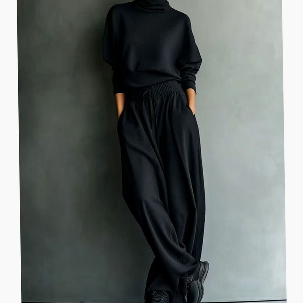 Women's Turtleneck Sweater Wide-Leg Drawstring Two-Piece Set - Black