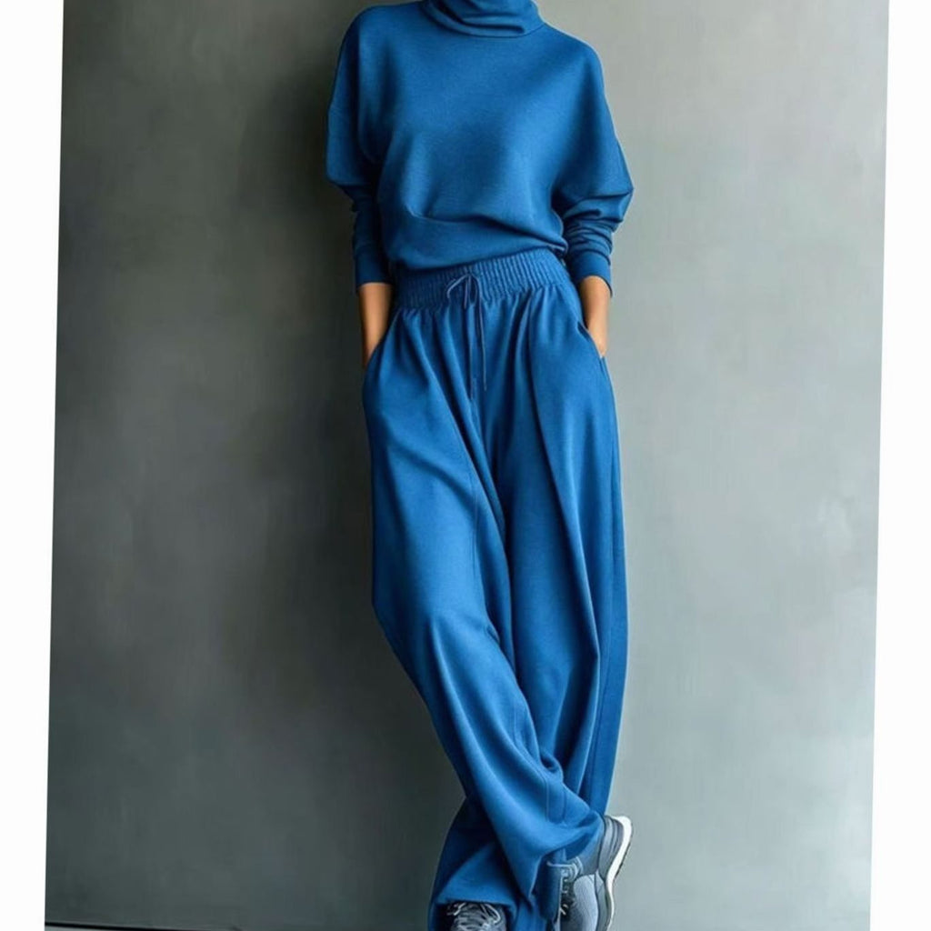 Women's Turtleneck Sweater Wide-Leg Drawstring Two-Piece Set - Blue