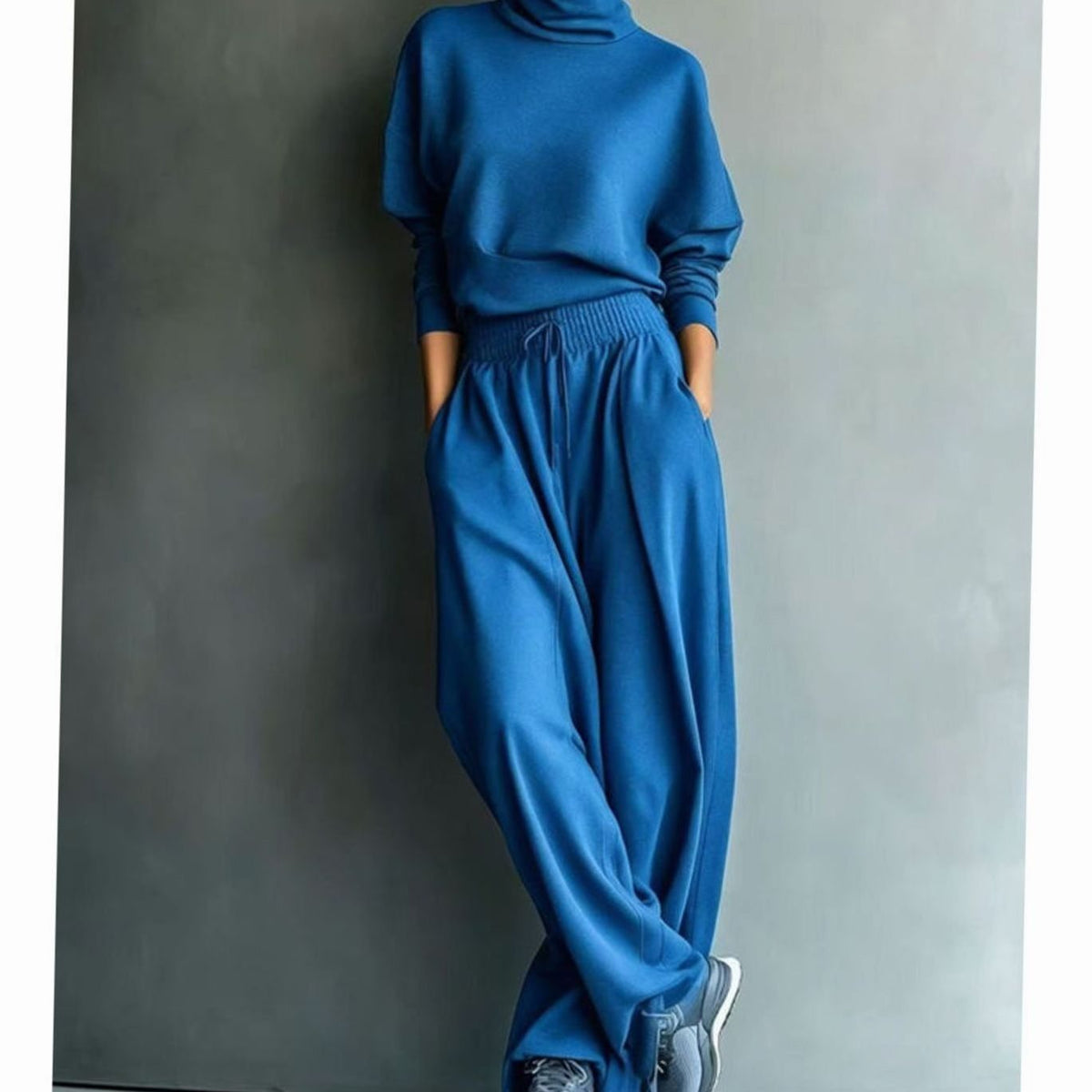 Women's Turtleneck Sweater Wide-Leg Drawstring Two-Piece Set - Blue