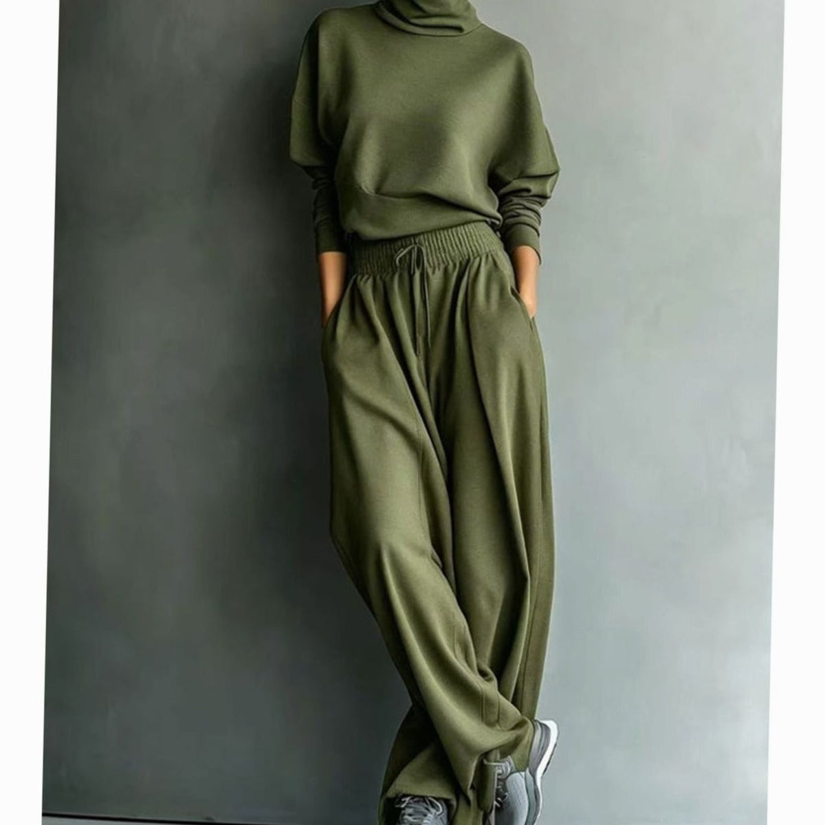 Women's Turtleneck Sweater Wide-Leg Drawstring Two-Piece Set - Olive