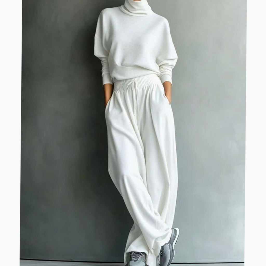 Women's Turtleneck Sweater Wide-Leg Drawstring Two-Piece Set - Cream