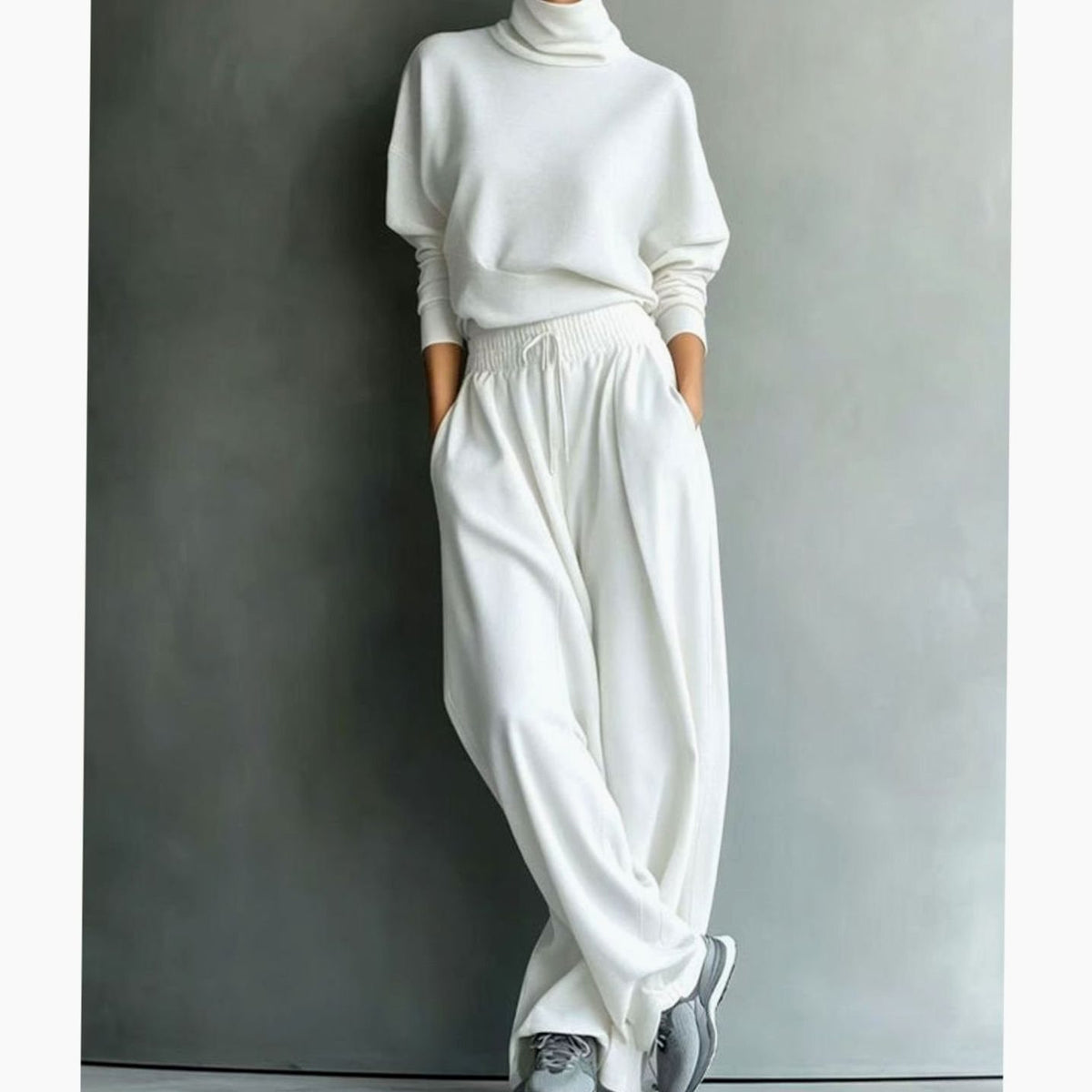 Women's Turtleneck Sweater Wide-Leg Drawstring Two-Piece Set - Cream
