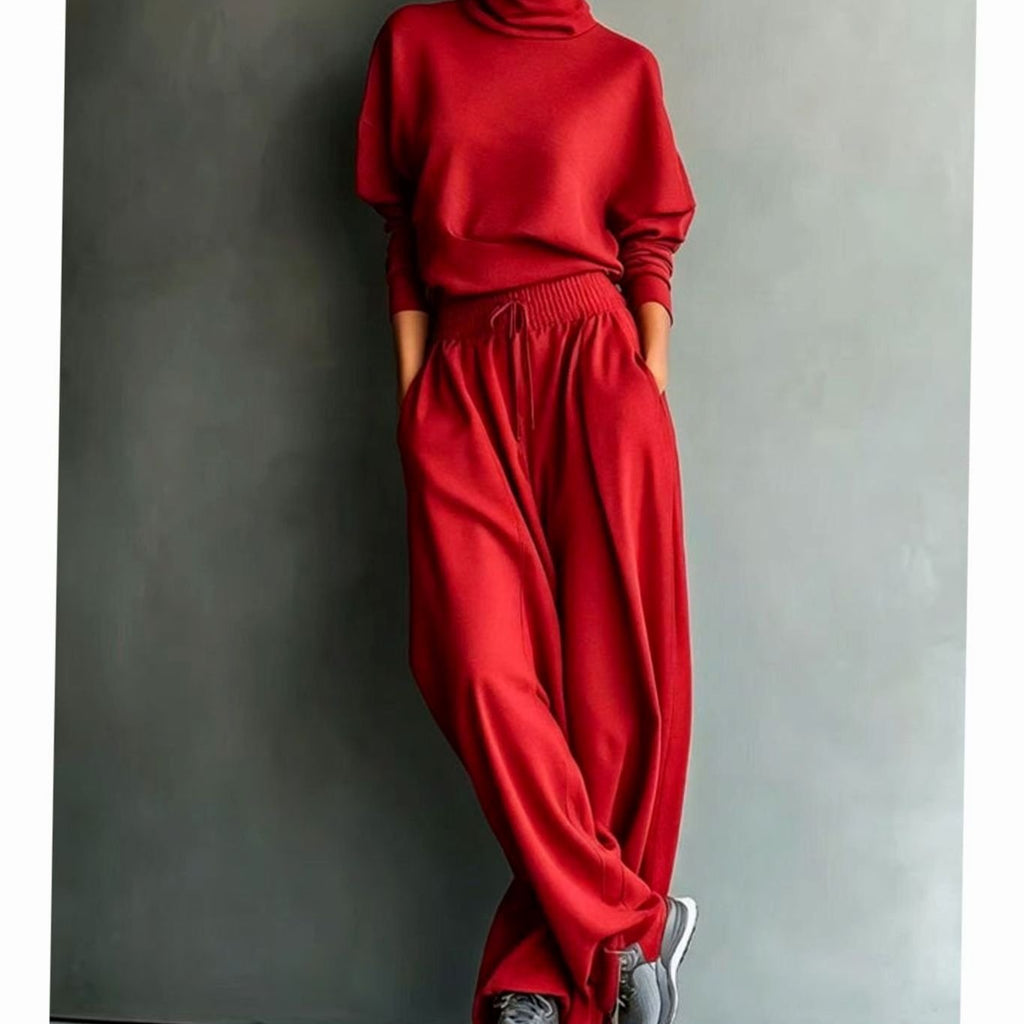 Women's Turtleneck Sweater Wide-Leg Drawstring Two-Piece Set - Red