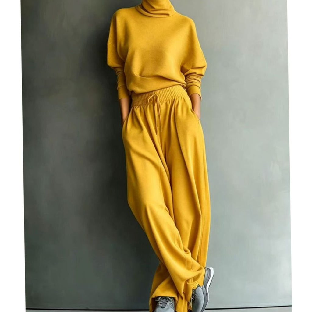 Women's Turtleneck Sweater Wide-Leg Drawstring Two-Piece Set - Mustard