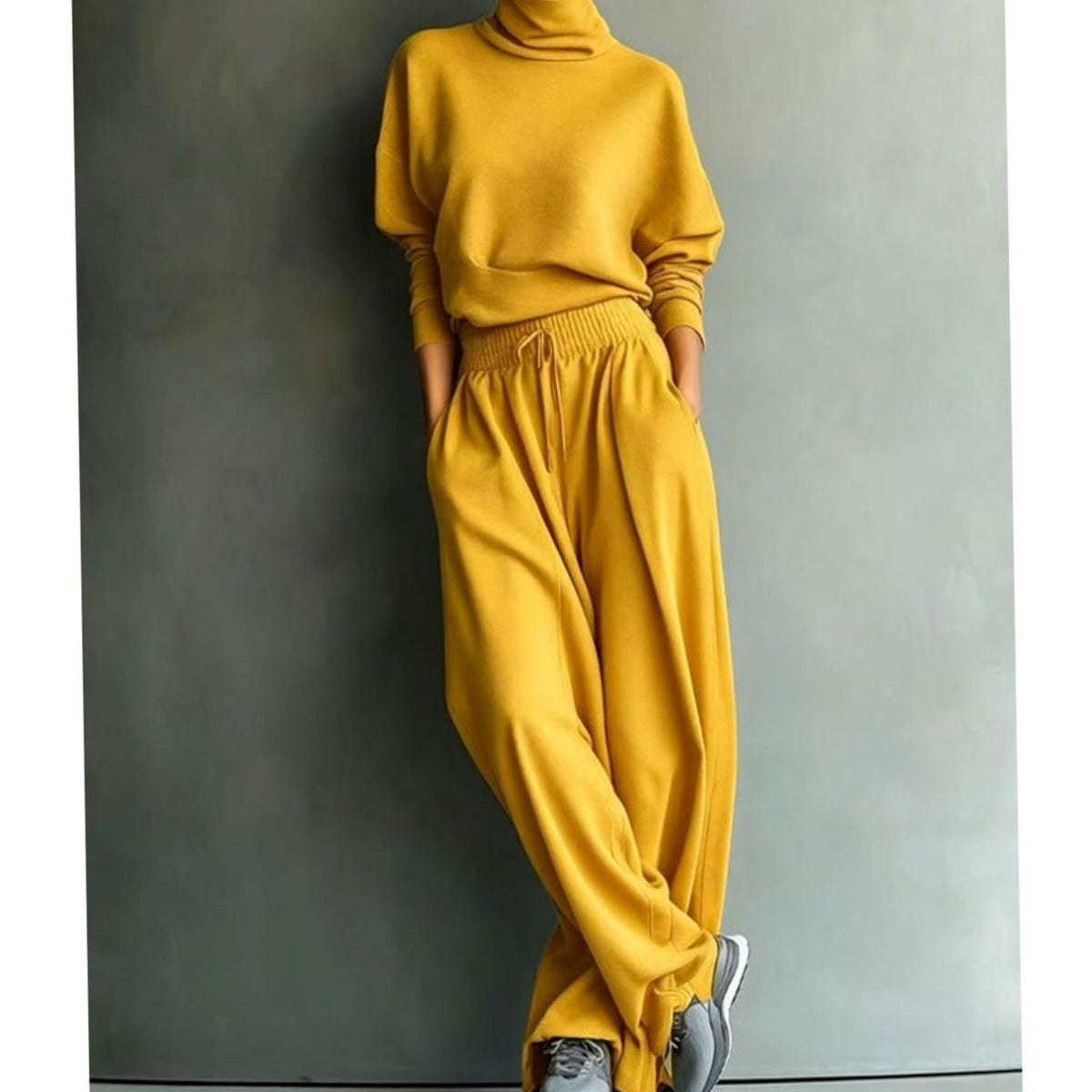 Women's Turtleneck Sweater Wide-Leg Drawstring Two-Piece Set - Mustard