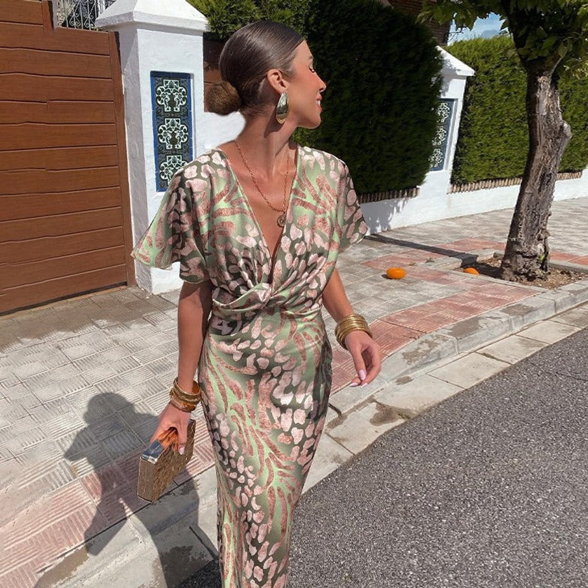 Women's Twist-Front V-Neck Midi Cocktail Party Dress