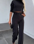 Women's Two-Piece Matching Top High-Waist Wide-Leg Pants Set - Black