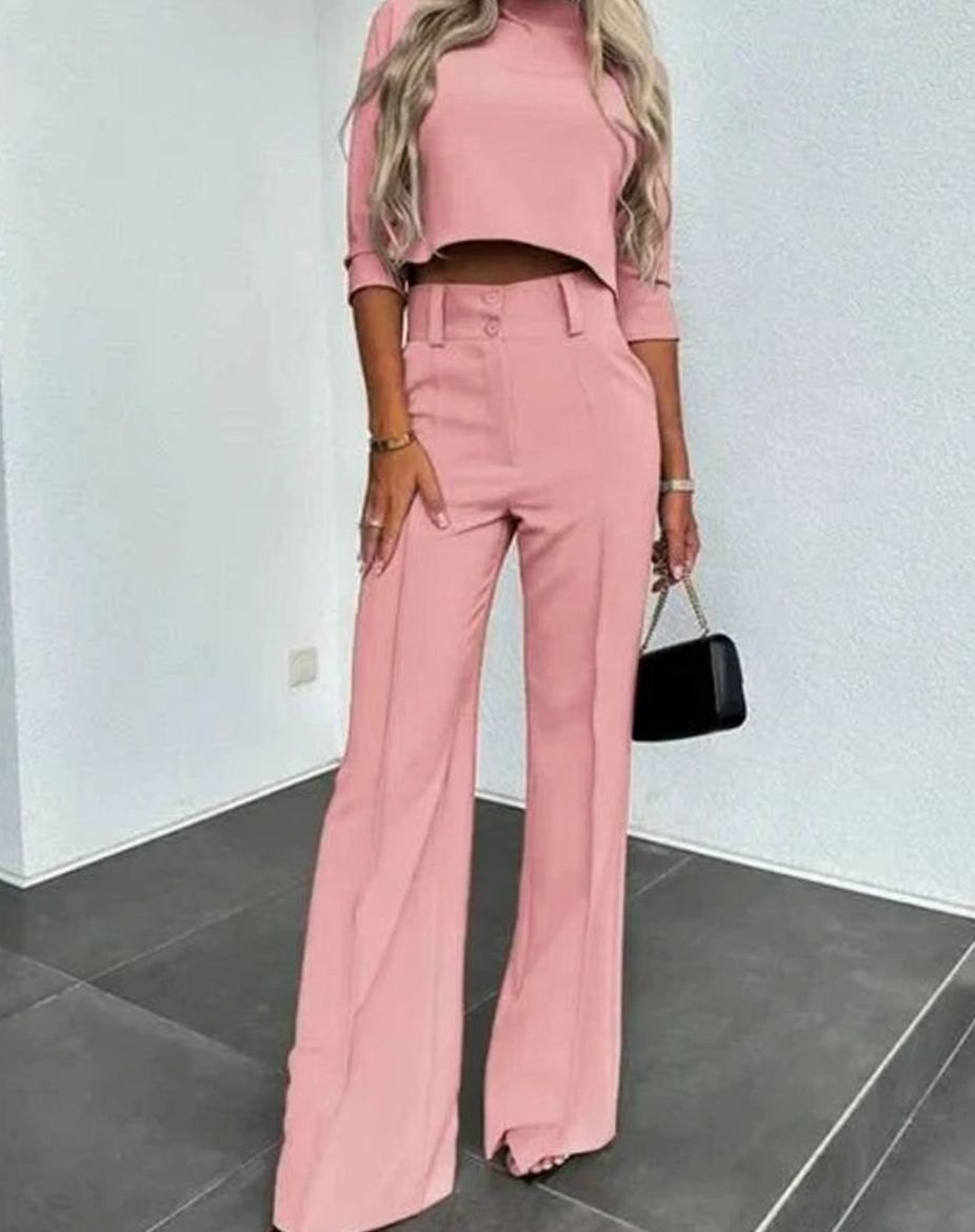 Women's Two-Piece Matching Top High-Waist Wide-Leg Pants Set - Pink