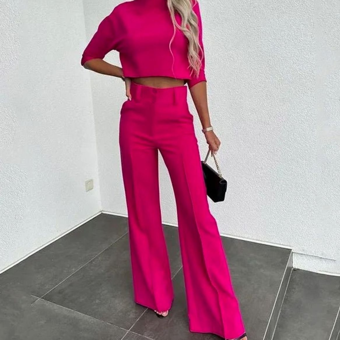Women's Two-Piece Matching Top High-Waist Wide-Leg Pants Set - Dark Pink