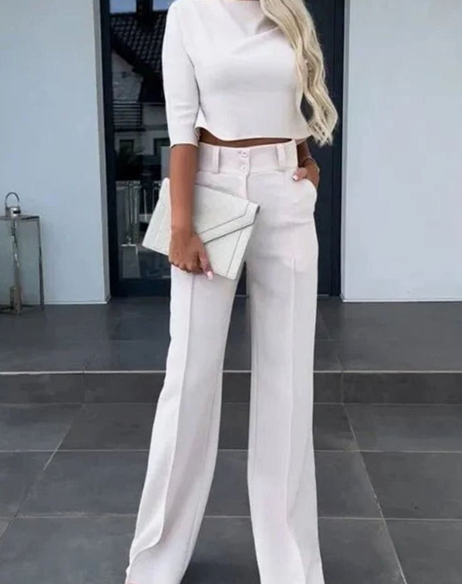 Women's Two-Piece Matching Top High-Waist Wide-Leg Pants Set - White
