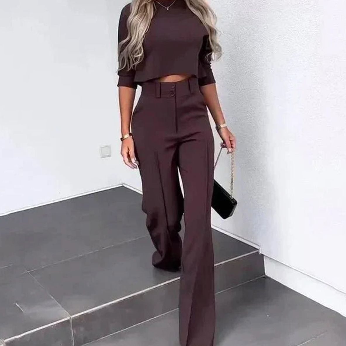 Women's Two-Piece Matching Top High-Waist Wide-Leg Pants Set - Brown