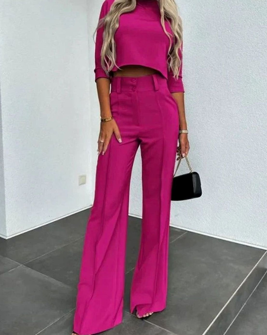 Women's Two-Piece Matching Top High-Waist Wide-Leg Pants Set