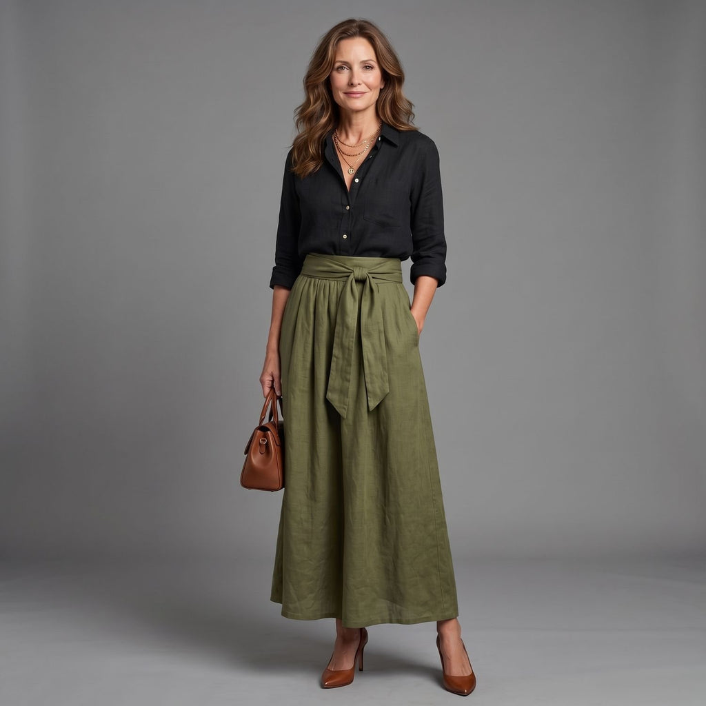 Women's Two Piece Set Button Blouse High-Waist Tie-Front Midi Skirt - Multicolor