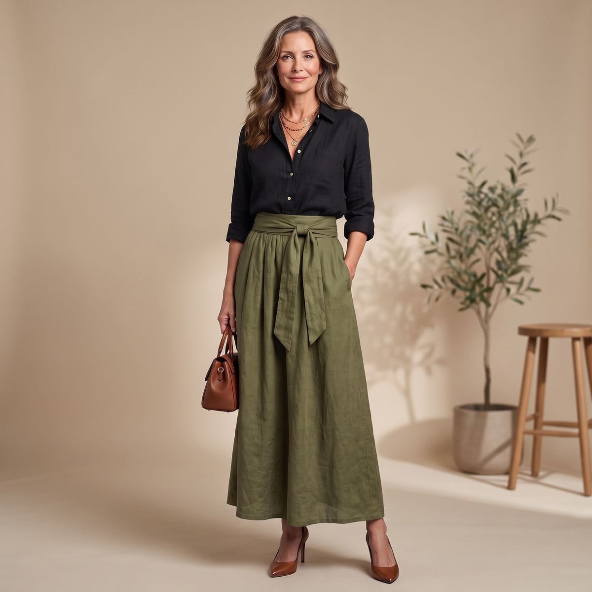Women's Two Piece Set Button Blouse High-Waist Tie-Front Midi Skirt
